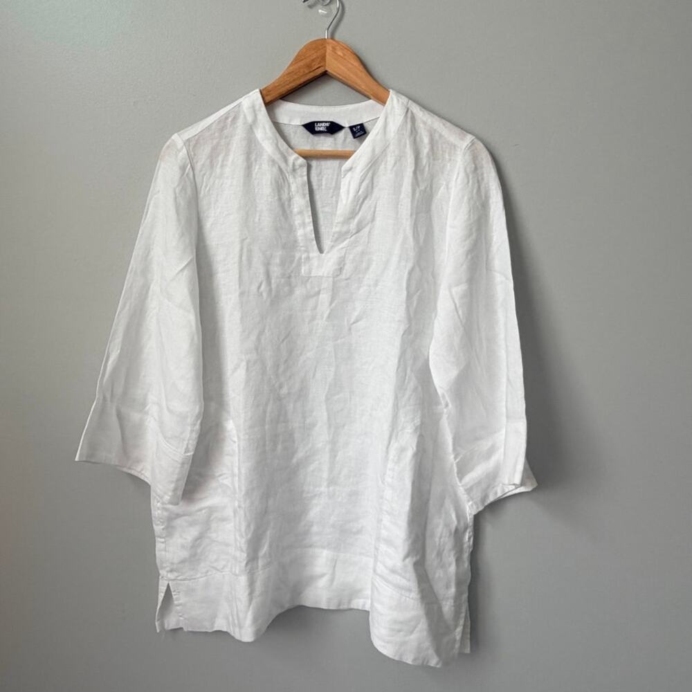 Lands End 100% Linen Split Neck Tunic Blouse Shirt White Womens S Pockets